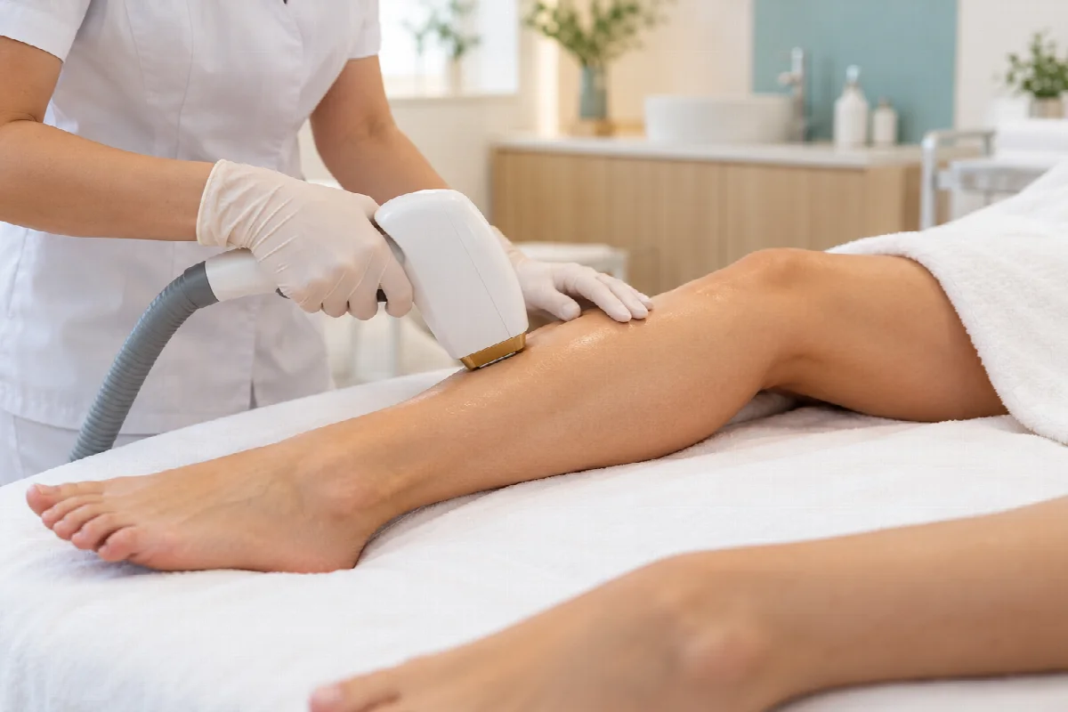 Illustrative laser hair removal treatment on an adult leg